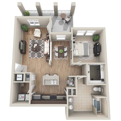Floor plan for 1 bed, 1 bath, 892 sqft