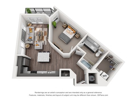 Floor plan for 1 bed, 1 bath, 764 sqft