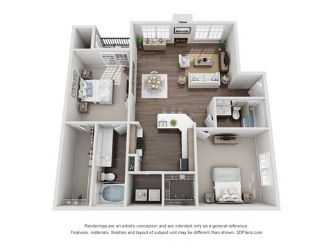 Floor plan for 2 beds, 2 baths, 1100 sqft
