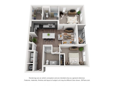 Floor plan for 2 beds, 2 baths, 1048 sqft