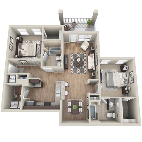 Floor plan for 2 beds, 2 baths, 1077 sqft