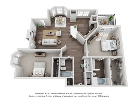 Floor plan for 2 beds, 2 baths, 1266 sqft