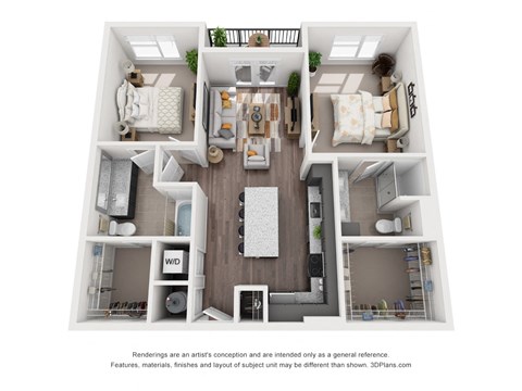 Floor plan for 2 beds, 2 baths, 1088 sqft