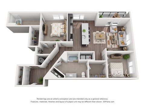 Floor plan for 2 beds, 2 baths, 1343 sqft