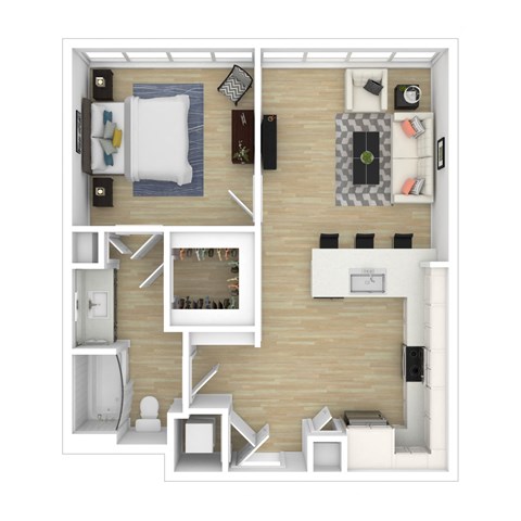 Floor plan for 1 bed, 1 bath, 716 sqft