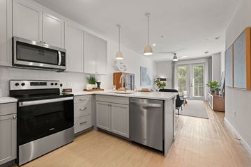 Austin apartment for rent - A modern kitchen with stainless steel appliances and wooden floors.