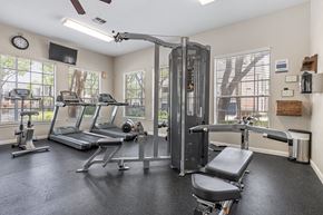 Houston apartment for rent - A gym with a variety of equipment including treadmills, weights, and a bench press.