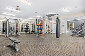 Raleigh apartment for rent - A gym with a variety of equipment including a punching bag.
