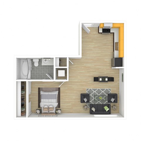 Floor plan for studio, 1 bath, 605 sqft