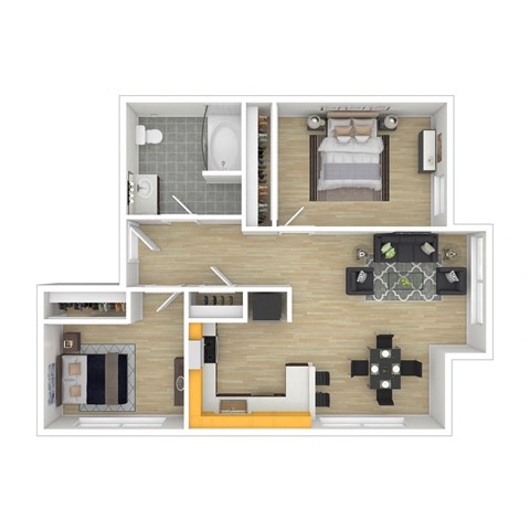 Floor plan for 2 beds, 1 bath, 758 sqft