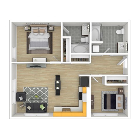 Floor plan for 2 beds, 2 baths, 845 sqft