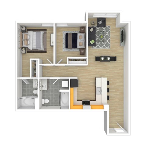 Floor plan for 2 beds, 2 baths, 914 sqft