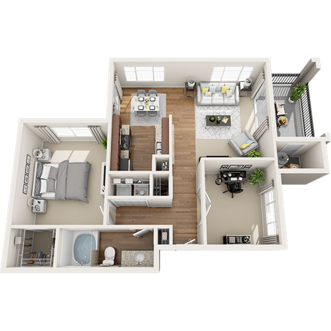 Floor plan for 1 bed, 1 bath, 916 sqft
