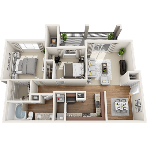 Floor plan for 2 beds, 1 bath, 970 sqft