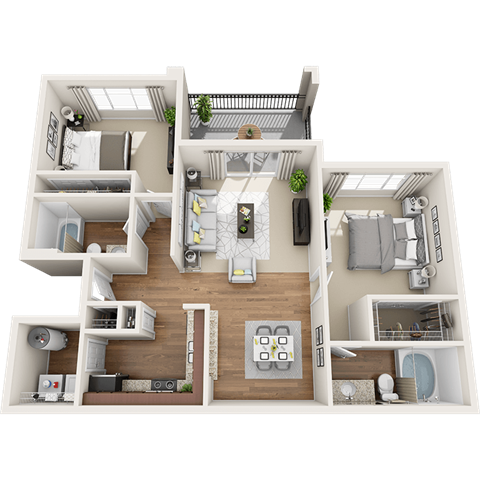 Floor plan for 2 beds, 2 baths, 1022 sqft