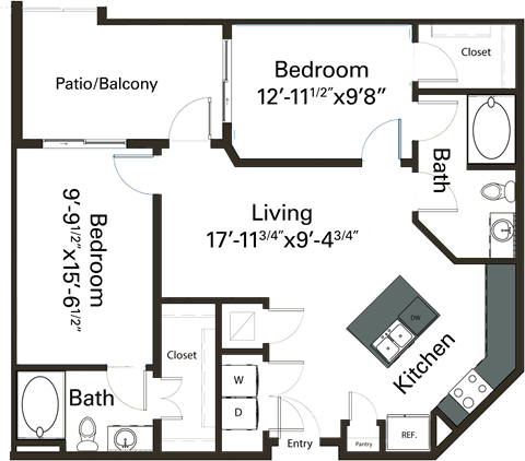 Floor plan for 2 beds, 2 baths, 962 sqft