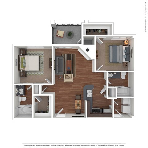Floor plan for 2 beds, 2 baths, 978 sqft