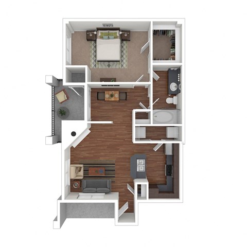Floor plan for 1 bed, 1 bath, 843 sqft
