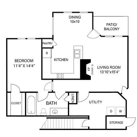 Floor plan for 1 bed, 1 bath, 836 sqft