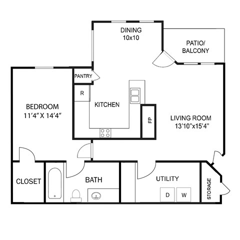 Floor plan for 1 bed, 1 bath, 810 sqft
