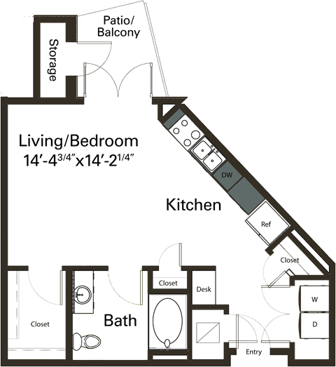 Floor plan for studio, 1 bath, 581 sqft