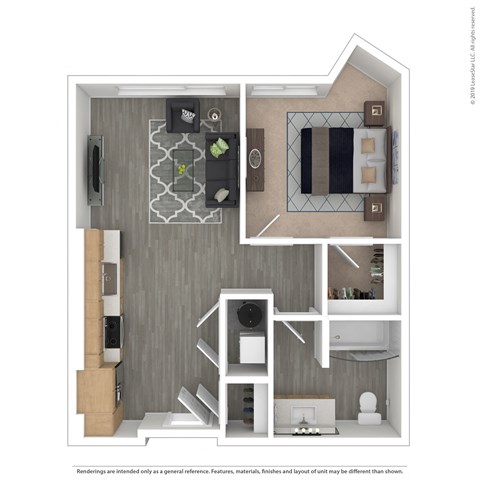 Floor plan for 1 bed, 1 bath, 635 sqft