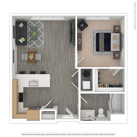 Floor plan for 1 bed, 1 bath, 734 sqft