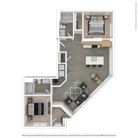 Floor plan for 2 beds, 2 baths, 1101 sqft