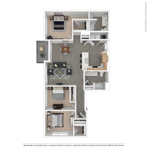 Floor plan for 3 beds, 2 baths, 1444 sqft