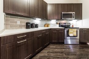 Houston apartment for rent - a kitchen with wooden cabinets and stainless steel appliances