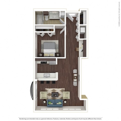 Floor plan for 1 bed, 1 bath, 615 sqft