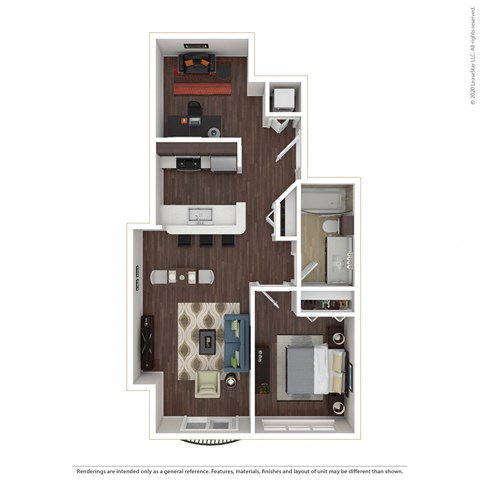 Floor plan for 1 bed, 1 bath, 618 sqft