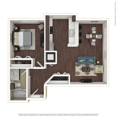 Floor plan for 1 bed, 1 bath, 684 sqft