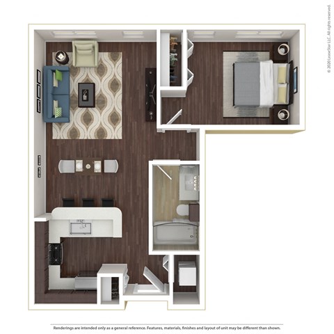Floor plan for 1 bed, 1 bath, 715 sqft