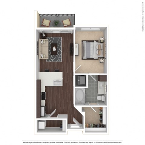 Floor plan for 1 bed, 1 bath, 654 sqft