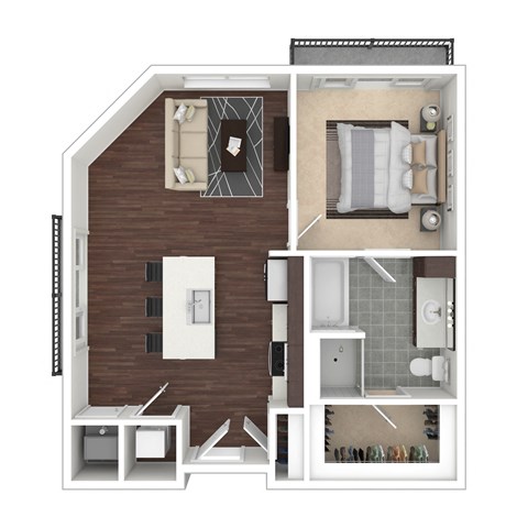 Floor plan for 1 bed, 1 bath, 691 sqft