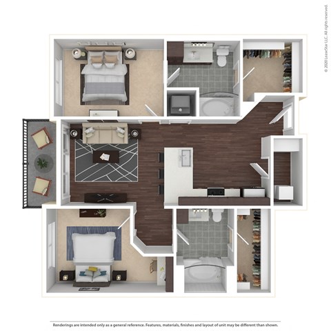 Floor plan for 2 beds, 2 baths, 986 sqft