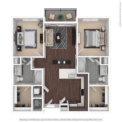 Floor plan for 2 beds, 2 baths, 1007 sqft