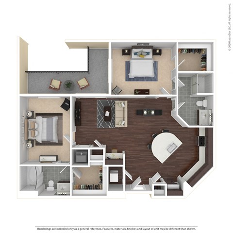 Floor plan for 2 beds, 2 baths, 1028 sqft