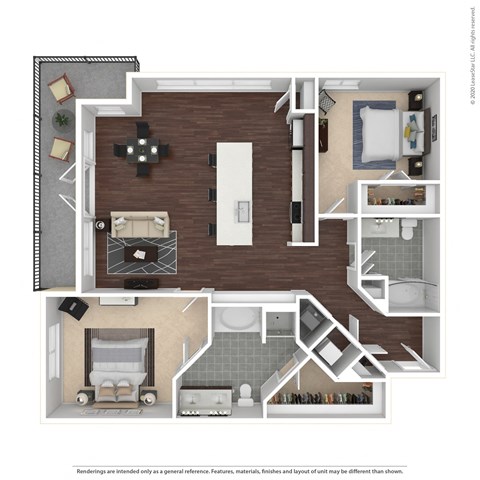 Floor plan for 2 beds, 2 baths, 1250 sqft