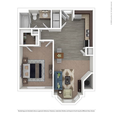 Floor plan for 1 bed, 1 bath, 669 sqft