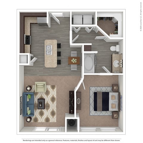 Floor plan for 1 bed, 1 bath, 670 sqft