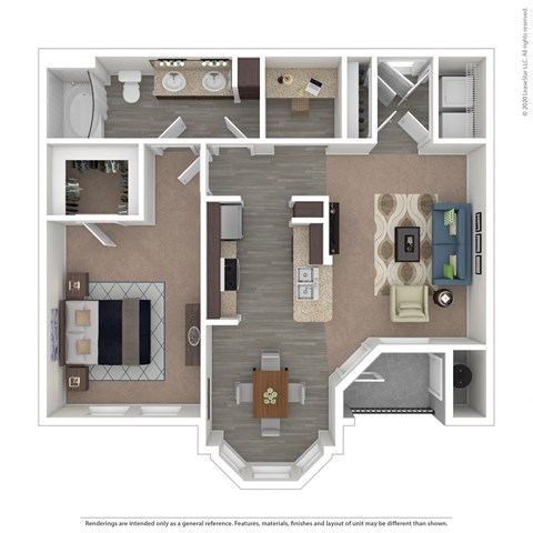 Floor plan for 1 bed, 1 bath, 858 sqft
