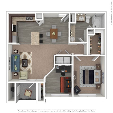 Floor plan for 1 bed, 1 bath, 989 sqft