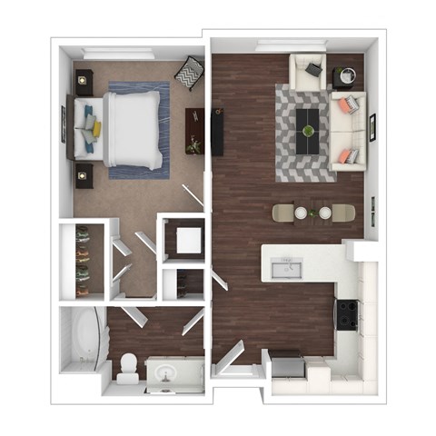 Floor plan for 1 bed, 1 bath, 685 sqft
