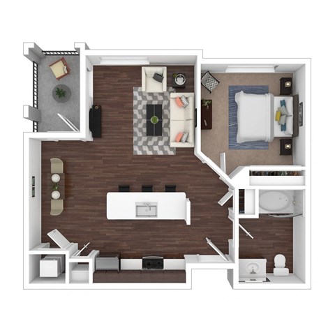 Floor plan for 1 bed, 1 bath, 735 sqft