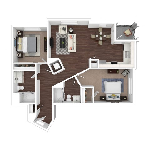 Floor plan for 2 beds, 2 baths, 1041 sqft