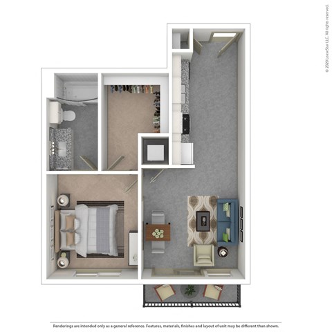 Floor plan for 1 bed, 1 bath, 615 sqft