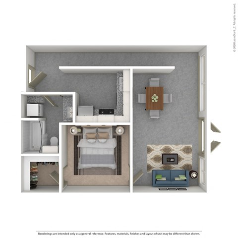 Floor plan for 1 bed, 1 bath, 705 sqft