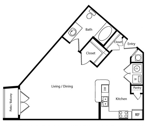 Floor plan for studio, 1 bath, 677 sqft